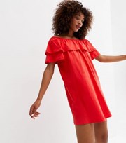 New Look Red Jersey Frill Bardot Mini Dress